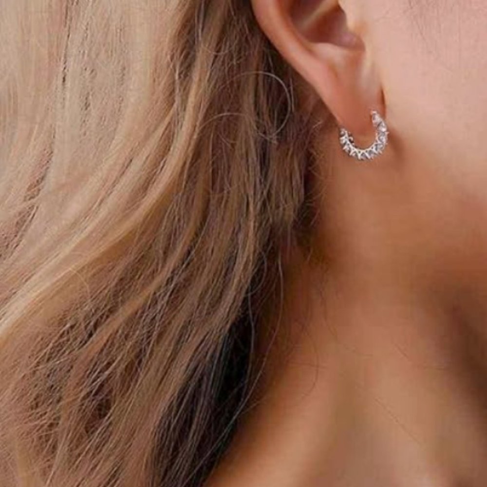 Solid 925 Sterling Silver Hoop Earrings with Cubic Zirconia Stones - Picture 6 of 7